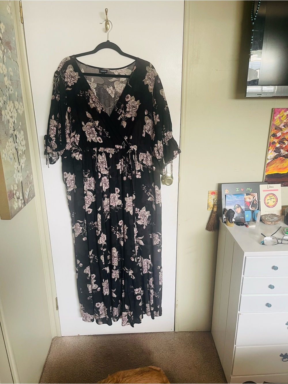 Women's Black Floral Wrap Maxi Dress - Elegant Blush Rose Print